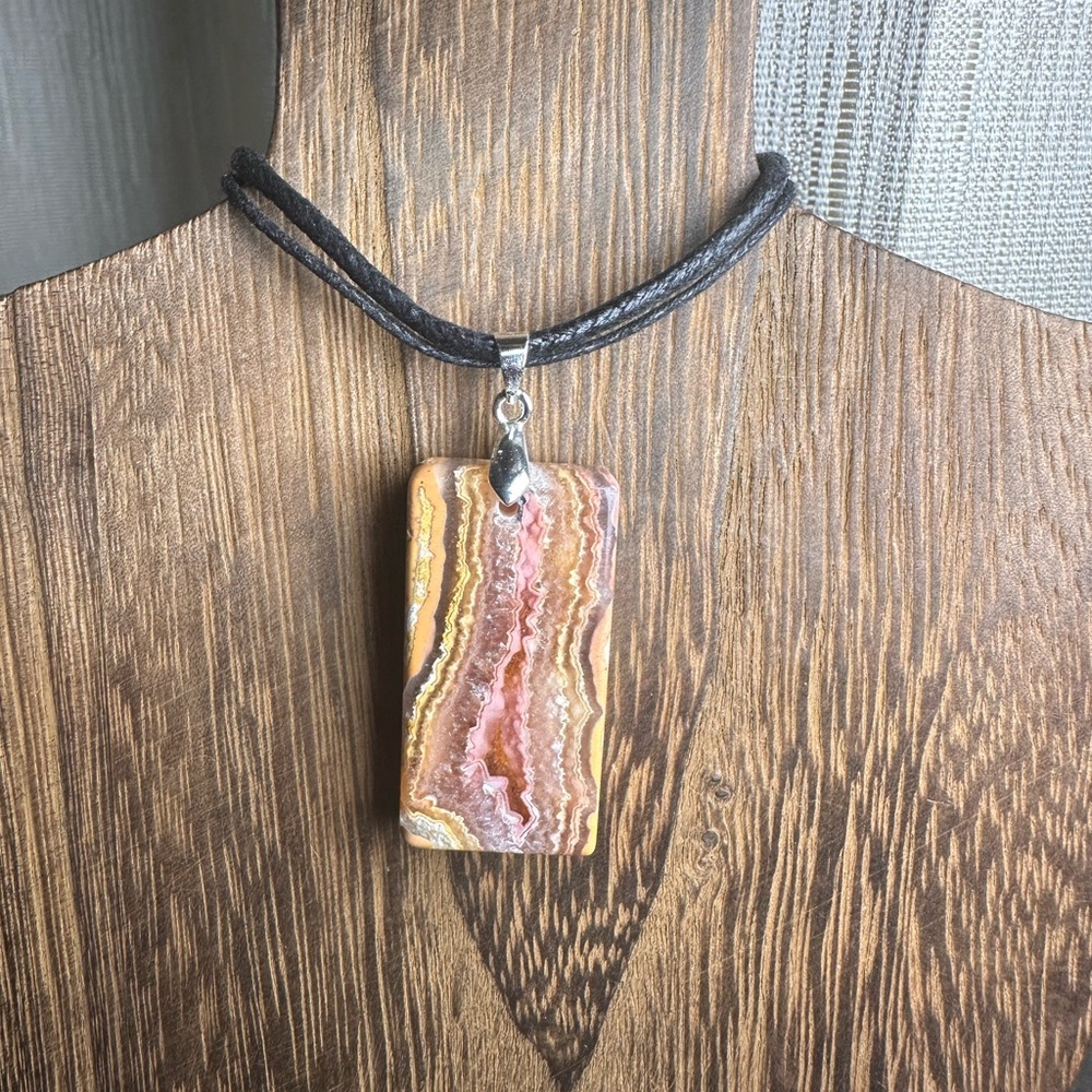 Crazy Lace Agate Rectangle Pendant Necklace on Black Rope - Picture 11 of 15